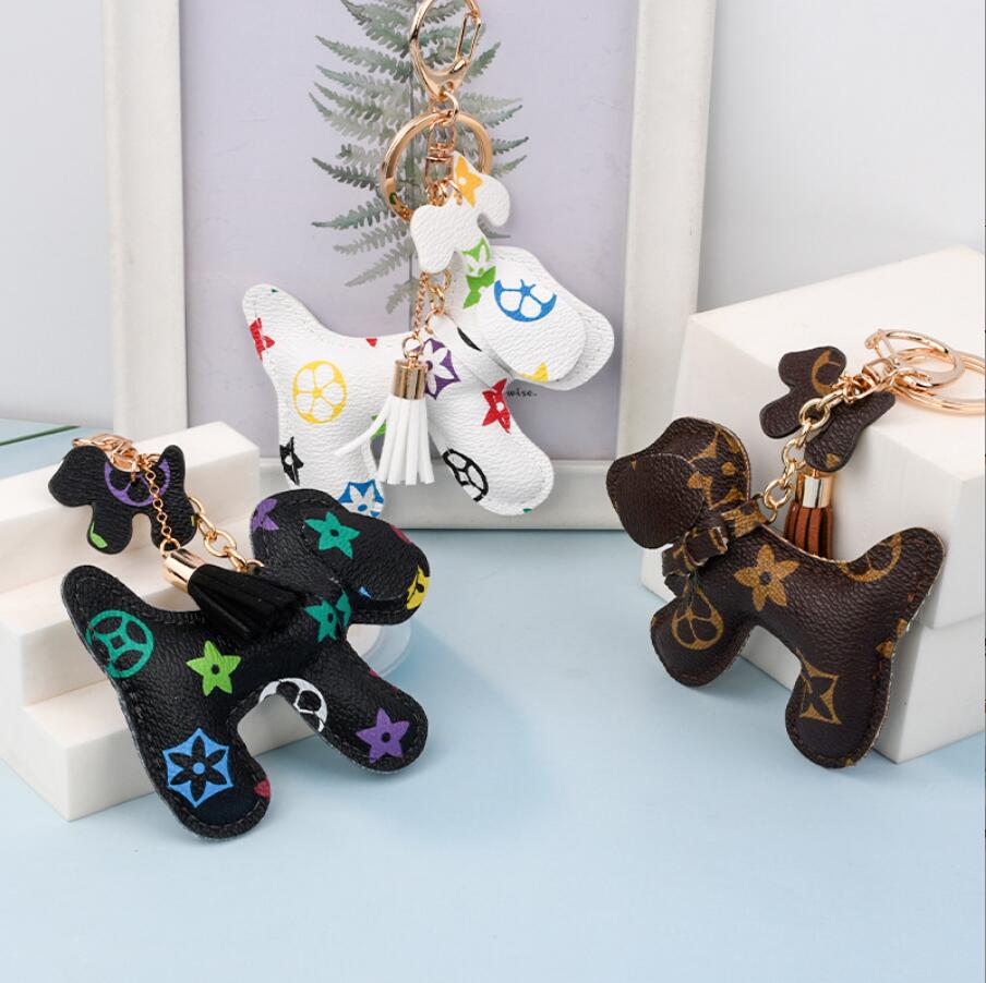 18Style Fashion keychain Cute Dog Bear Print Pattern Pendant PU Leather Keychains Car School Bag Accessories KeyRing Lanyard Key Wallet Chain Rope Chain