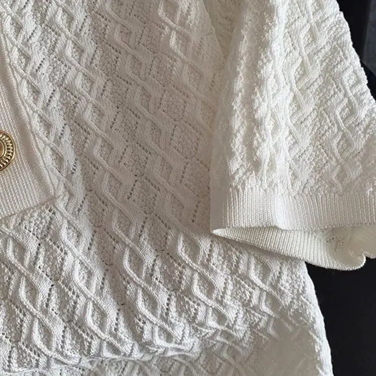 French High end Ice Silk Polo Shirt Women Summer Chic Thin Unique Jacquard Knitted Short Sleeve Loose White T-shirt Women Top250324
