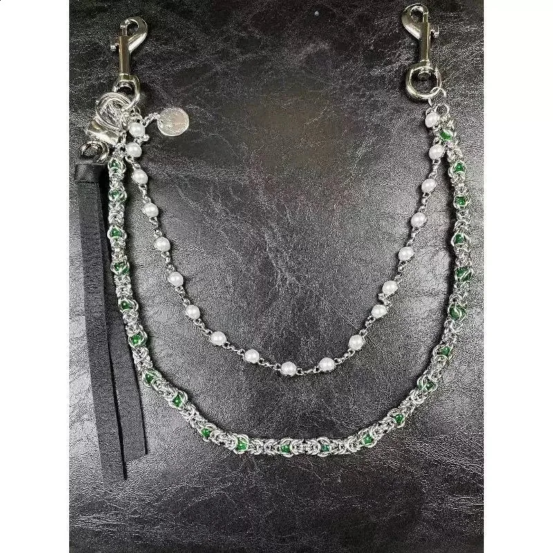 Hip hop punk style denim chain fashionable double-layer bead keychain accessory 250326