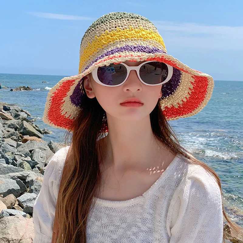 Rainbow straw hat womens summer sun umbrella handmade crochet large Brim bucket hat womens beach sun hat Bohemian girls fashion hatXJ250329