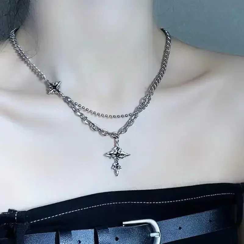 Hip hop punk long chain cross necklace mens punk double layered splicing chain necklace charm jewelry Halloween Y250329
