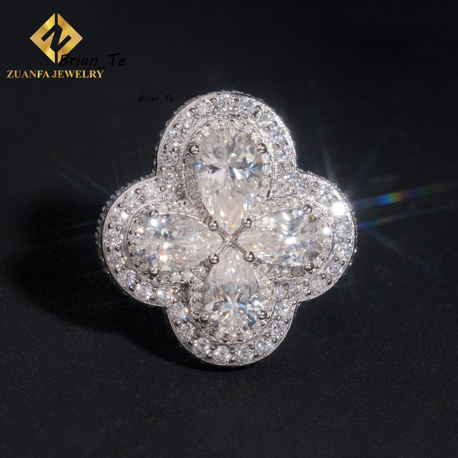 Pass Diamond Tester Stylish Style Rhodium Plated Luxury Iced Out Jewelry VVS1 Pear Moissanite Diamond Hip Hop Flower Ring Men