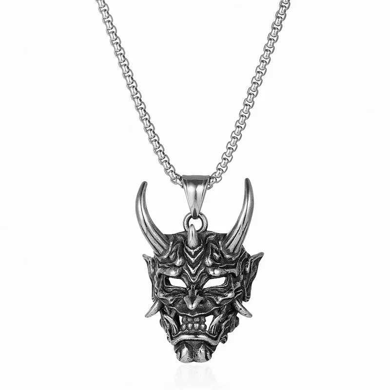 Punk Devil Mask Japanese Samurai Oni Pendant Necklace Mens Jewelry Womens Chain Hip Hop Rock Party Necklace Wholesale Y250329