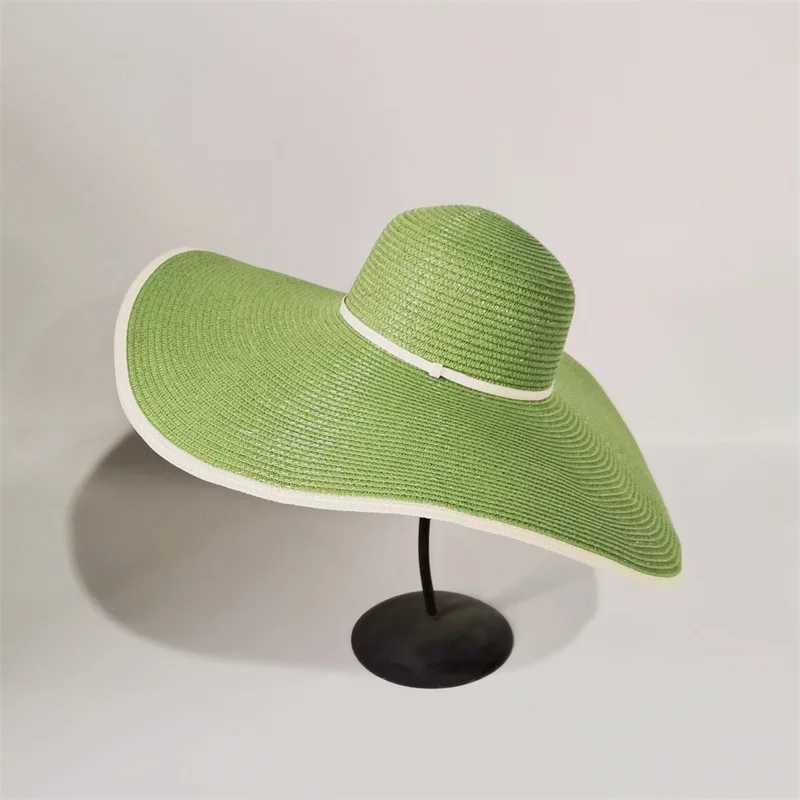 Summer womens sewn large edge 18cm holiday beach hat sun hat hand woven straw hat bracket folding wholesaleXJ250329