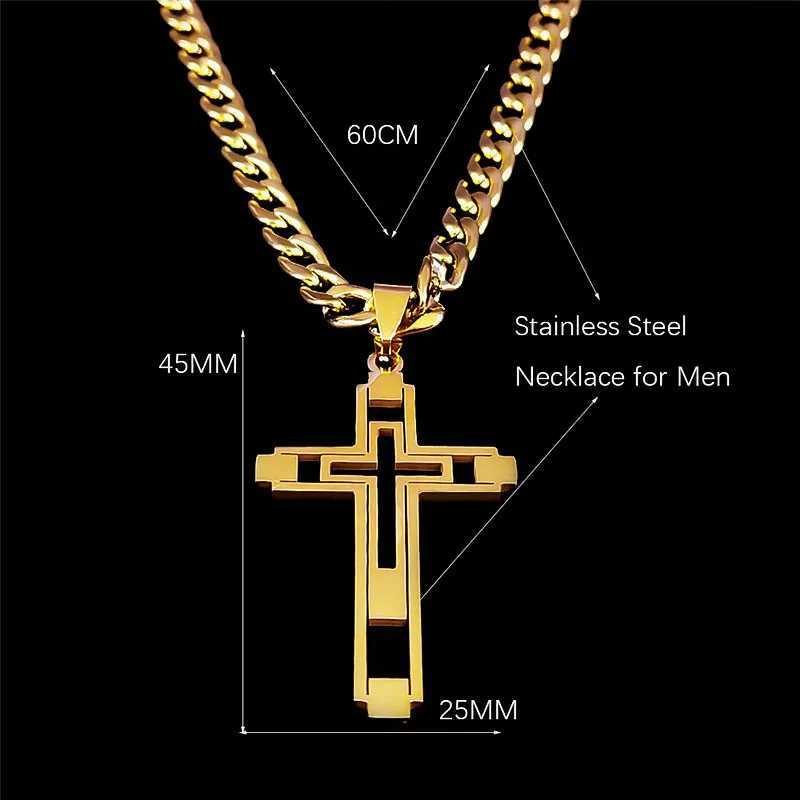 2019 Hip Hop Cross Stainless Steel Chain Necklace Gold Long Pendant Necklace Suitable for Women/Men Jewelry Collar Homme N6055S05 Y250329