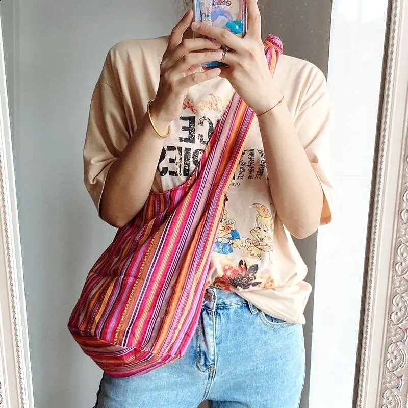 Fashion Bohemian Canvas Shoulder Crossbody Bag Womens Large Capacity Versatile Ethnic Style Shopper Tote Bag 250407