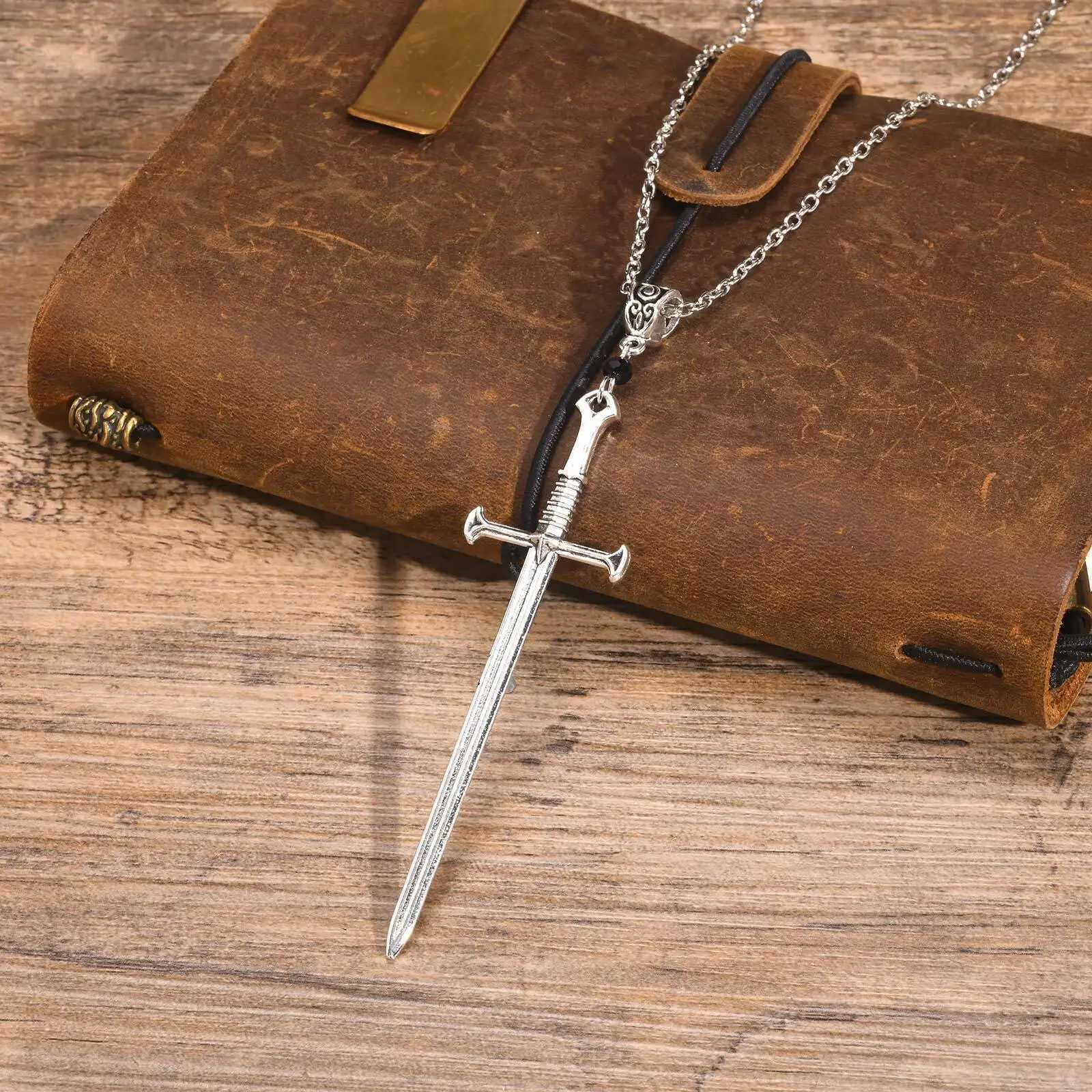 Mens punk stone sword cross pendant necklace retro Gothic long dagger knife necklace hip-hop jewelry Y250329