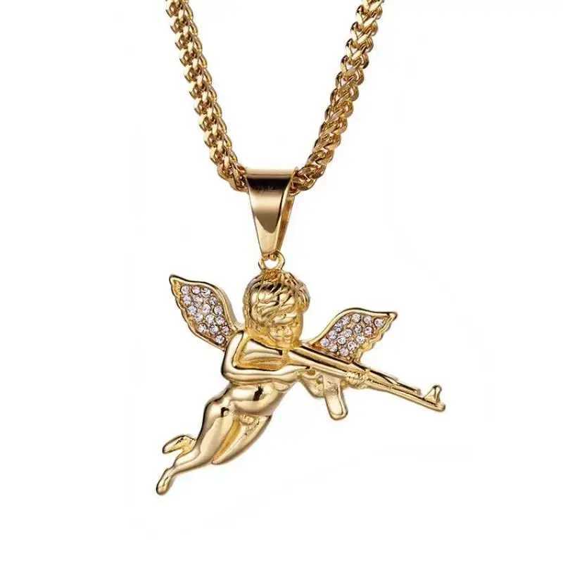 Revenge Angel Ak-47 submachine gun pendant with ice crystal zircon necklace suitable for couples hip-hop rock trends cool jewelry gifts Y250329