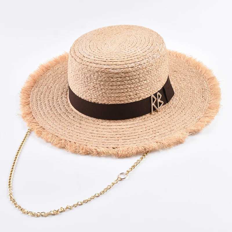 Natural Raffia Straw Hats for Wen Fashionable Metal RB Letter Sun Hat Outdoor Holidays Beach Sun Protection Hat X250329