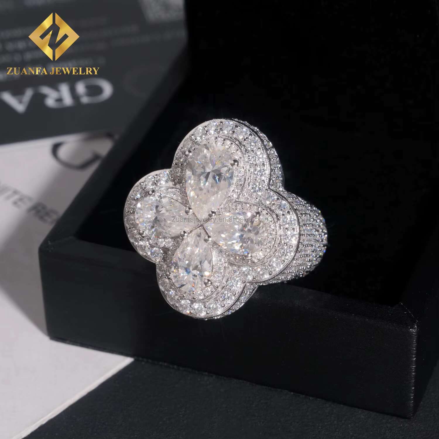 Pass Diamond Tester Stylish Style Rhodium Plated Luxury Iced Out Jewelry VVS1 Pear Moissanite Diamond Hip Hop Flower Ring Men