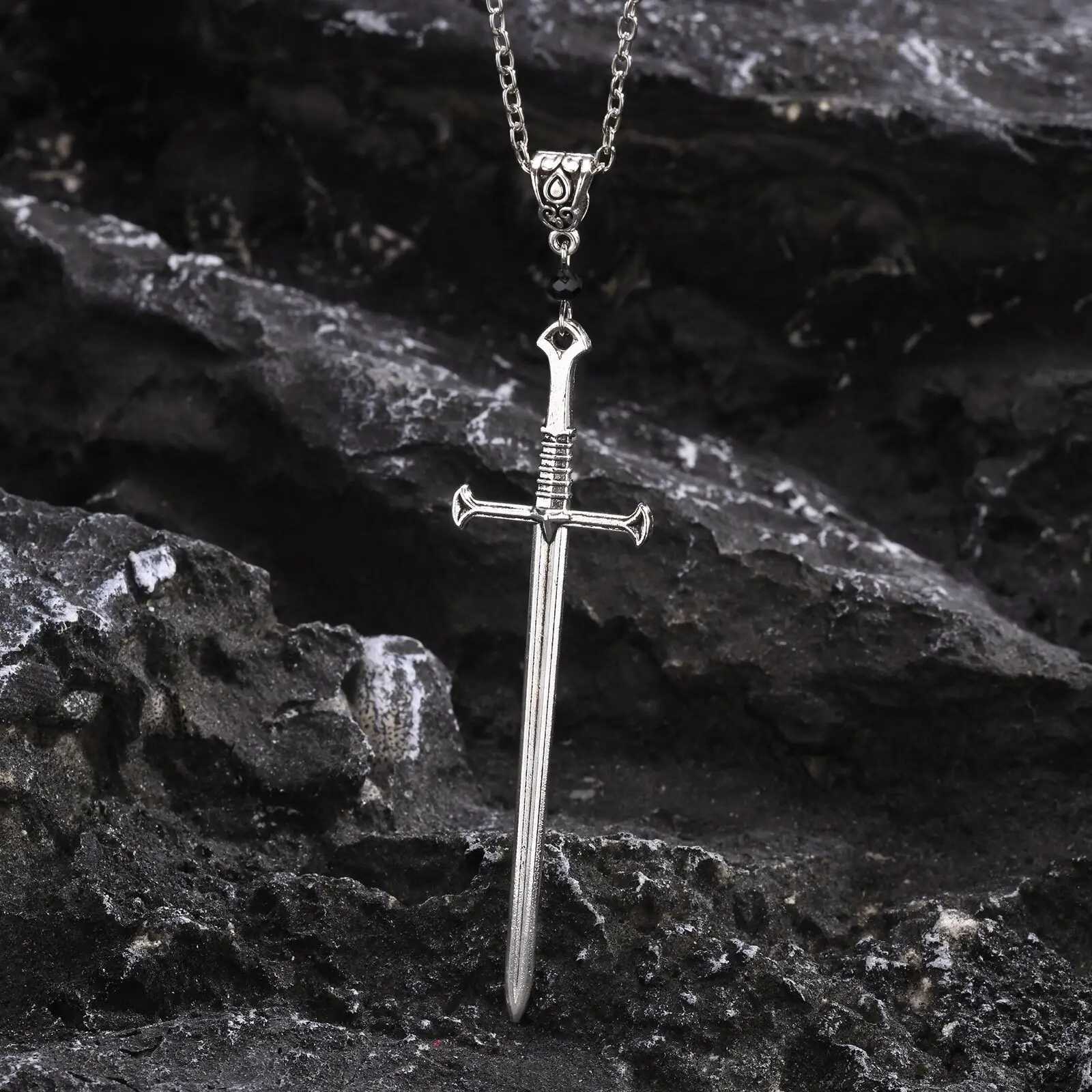 Mens punk stone sword cross pendant necklace retro Gothic long dagger knife necklace hip-hop jewelry Y250329