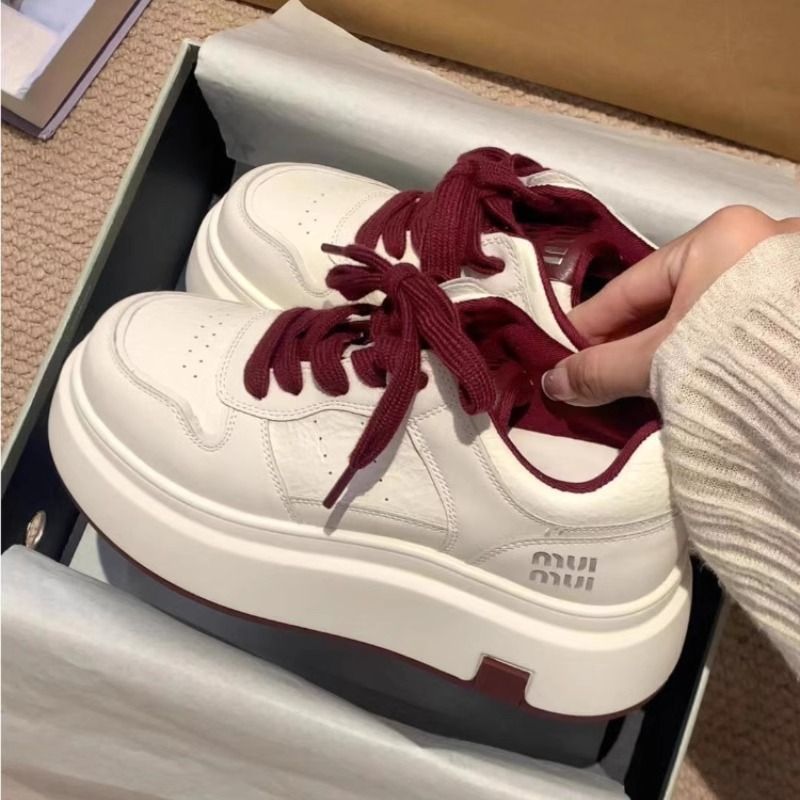 for Women: Anchor Red hot Leather Sneakers with Sponge Cake Sole - Thick, Soft & Height Increasing White Athletic Shoes