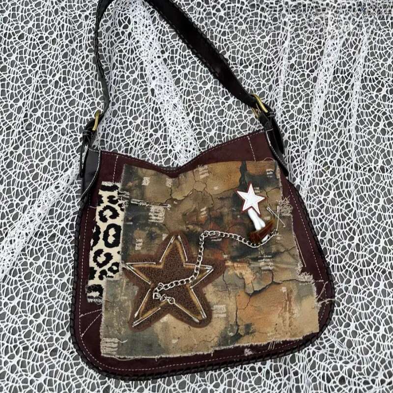 MBTI Vintage Y2k Womens Shoulder Punk Fashion Chain Casual Messenger Bag High Street Patchwork Large Capacity Female Handbag