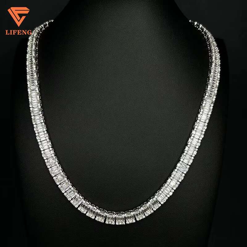 18K Gold Plated 925 Sterling Silver Fashion Tennis Chain Necklace With Emerald Baguette Cut VVS Moissanite Diamond for Men Women