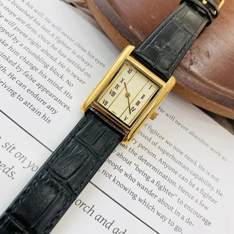 Womens Watch Quartz Watch Vintage Gold Plated Roman numerals H dial Leather Strap Womens Watch Lover Gift 250328