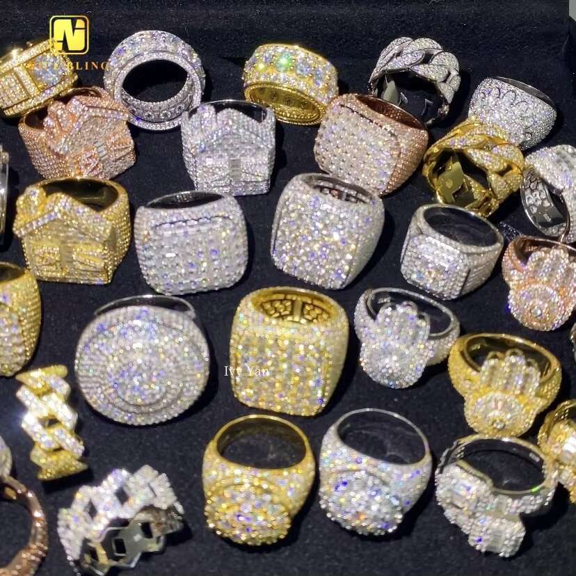Hot Sale Multiple Choice Custom Iced Out Hip Hop Men Ring VVS Moissanite 925 Sterling Silver Rings Diamond Jewelry Ring for Men