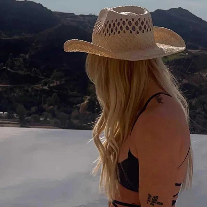 Hand Woven Raffia Hat Wen Summer Simple Western Cowboy Straw Hat Lady Ins California Girl Seaside Vacation Curled Brim Sun Hat X250329