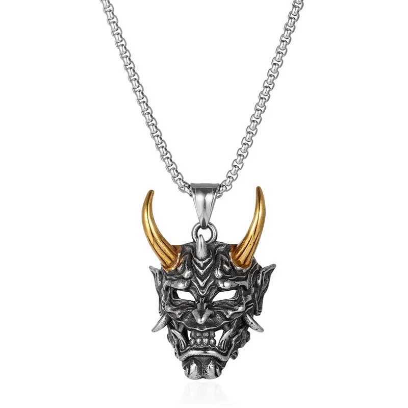 Punk Devil Mask Japanese Samurai Oni Pendant Necklace Mens Jewelry Womens Chain Hip Hop Rock Party Necklace Wholesale Y250329