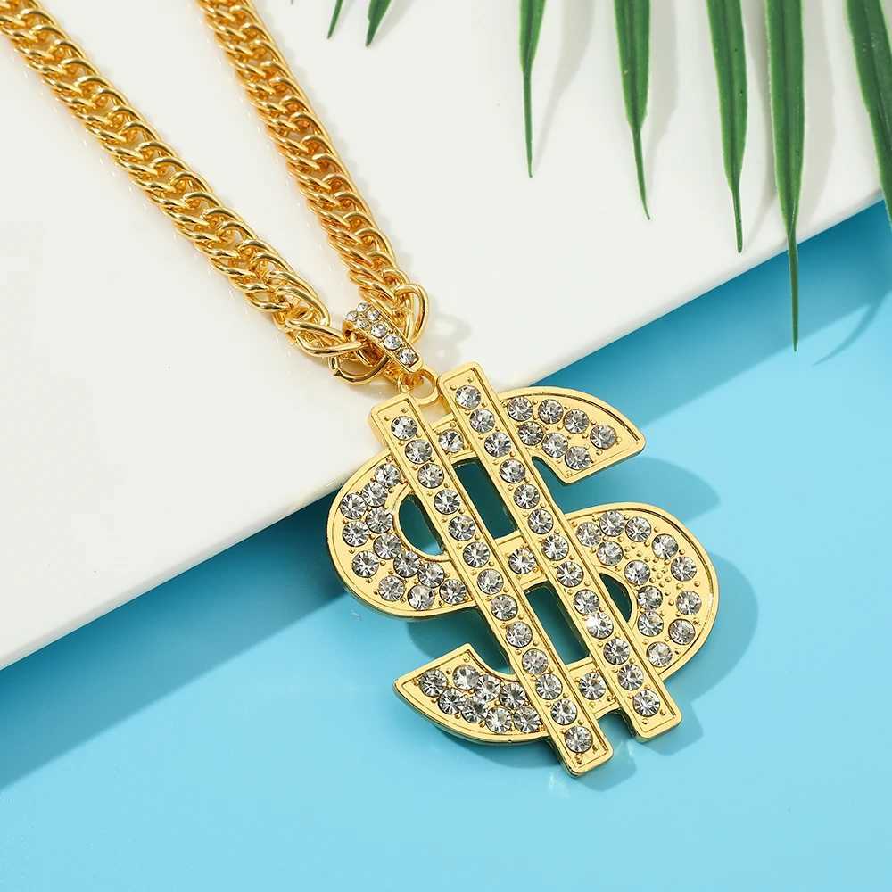 Hip Hop Rap Gold USD Pendant Necklace Luxury Rhinestone USD Currency Symbol Necklace Y250329