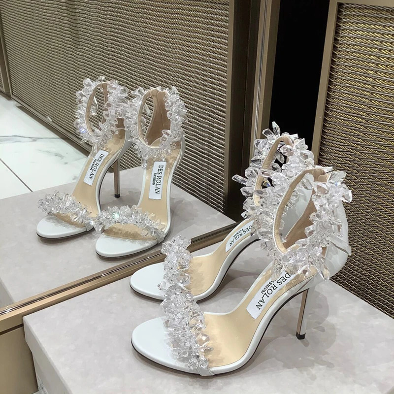 2025 Summer Ice Flower Crystal High Heels Womens Fairy Style Strap Thin Heels White Wedding Shoes Water Diamond Sandals 250328