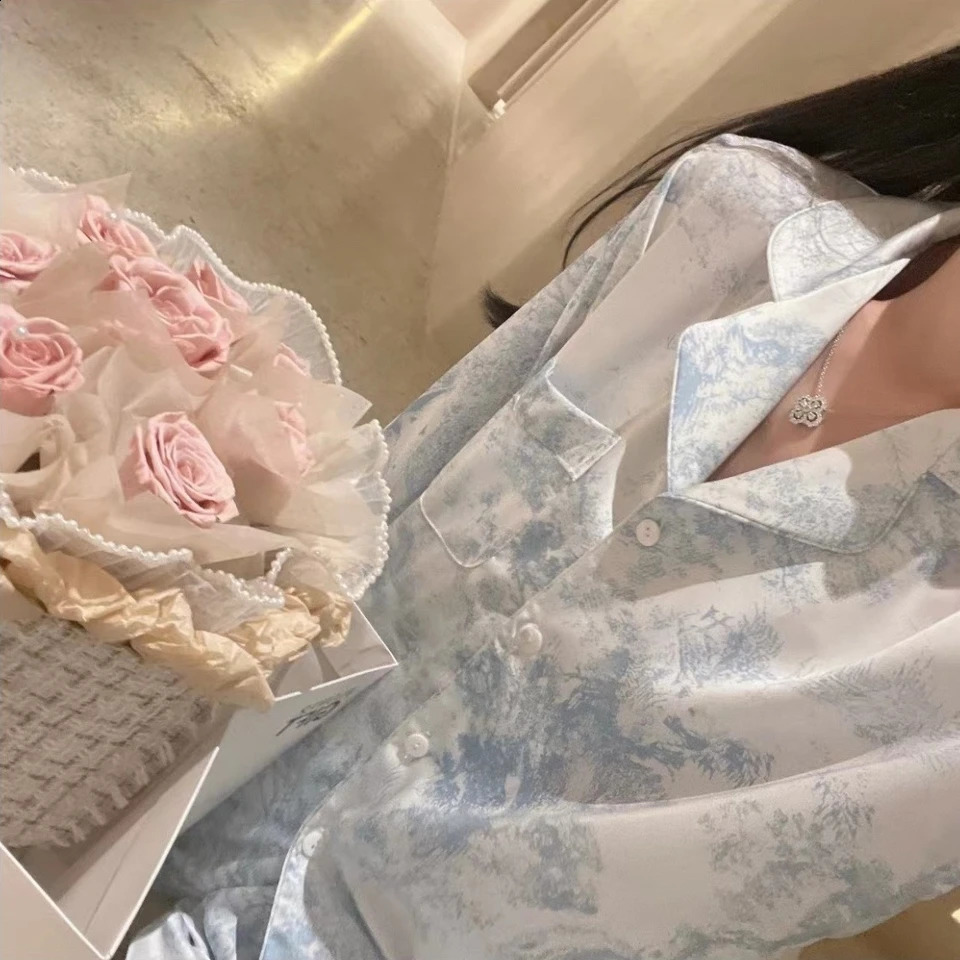 Spring Polo Button Open Woolen Sweater Lounge Set Womens 2-piece Ice Silk Pajamas Womens Fashion Printed Pajamas 250326