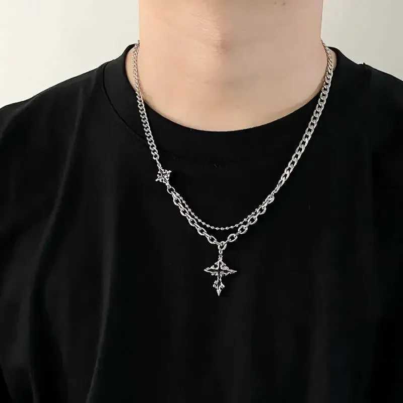 Hip hop punk long chain cross necklace mens punk double layered splicing chain necklace charm jewelry Halloween Y250329