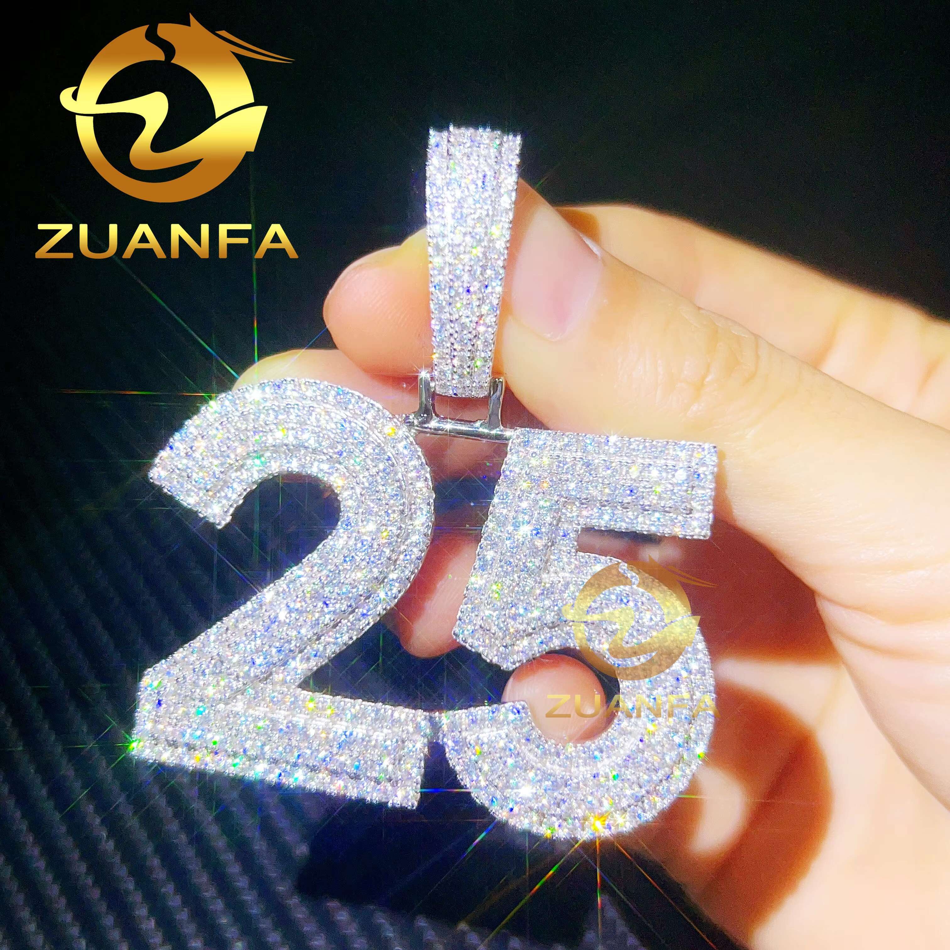 Custom Made 925 Sterling Silver Hip Hop Iced Out Vvs Moissanite Diamond Number Pendant for Men Women