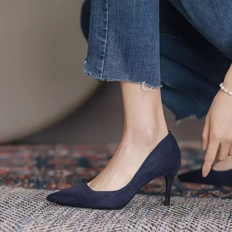 Womens high heels pointed thin high heels pump shoes suede black red blue womens single shoes large size 42 250326