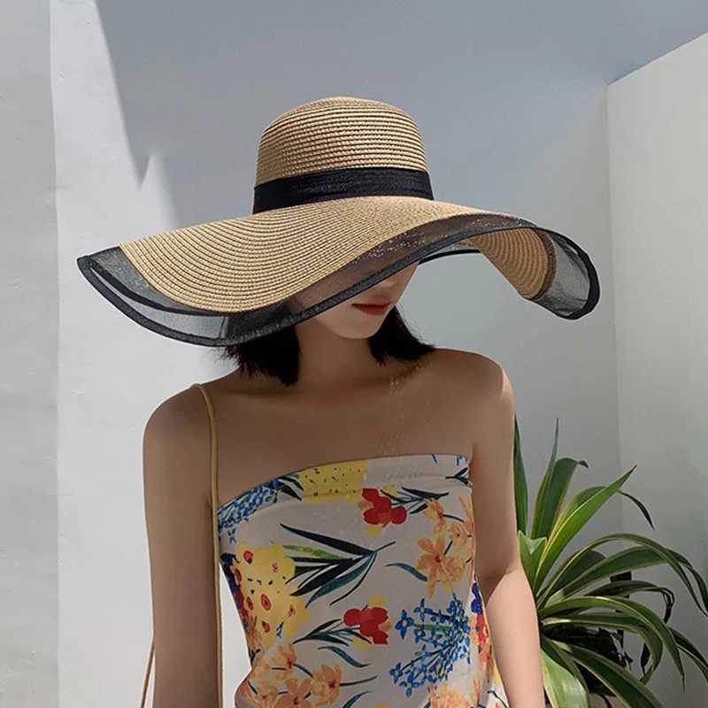 Womens sun hat big Ifs wave beach hat womens sun hat big Brim sun visor UV cutting bucket Panama hat foldable straw sunscreen retroXJ250329