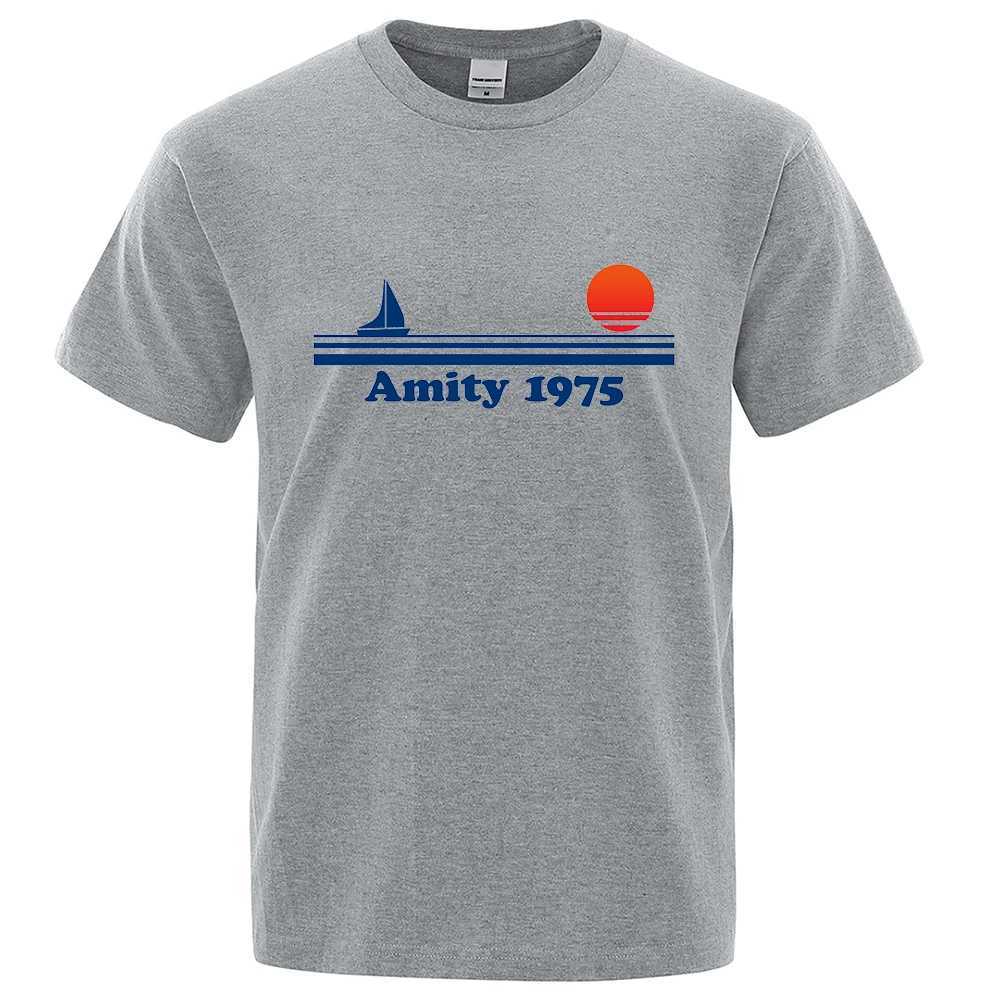 Amity 1975 - Jaws Retro Print Tshirt Men Creativity Sweat Clothing Fashion Tee Clothes T Shirts Breathable Cotton T-Shirts Man X250329