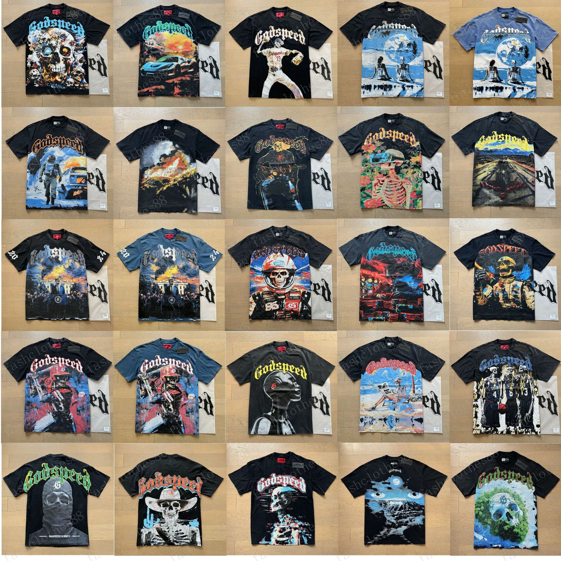 godspeed designer t shirt classic graphic tee mens shirt Vintage printed skull short sleeve wash water to make old cotton short sleeve
