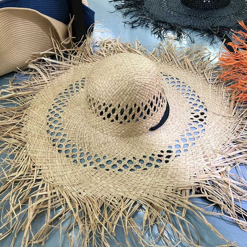 Big Brim Beach Hat For Wen Summer Seaside Raffia Straw Hat Travel Vacation Visor Sun Hat Wens Hat With Colored Raw Edges X250329
