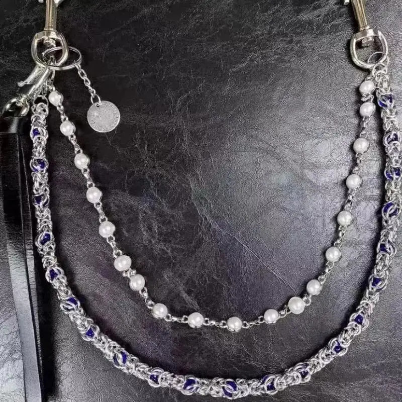 Hip hop punk style denim chain fashionable double-layer bead keychain accessory 250326