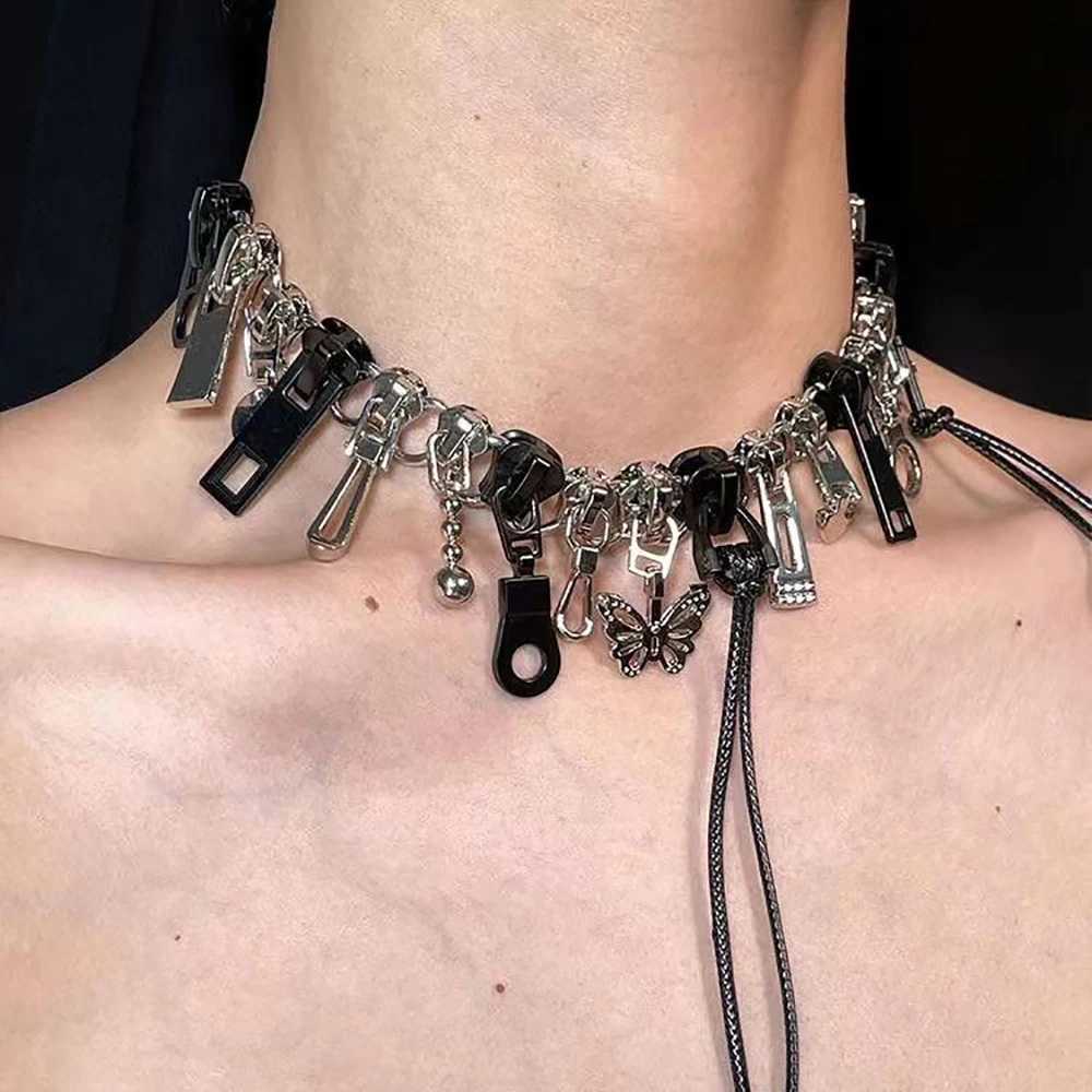 Cyber Punk Zipper Necklace Fringe Chain Y2k Hip Hop Choker Mens Wens Fashion Personty Jewelry AccoriesC250329