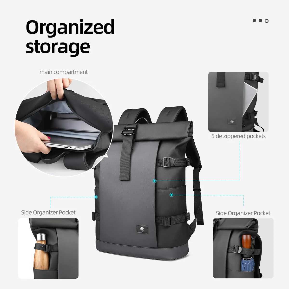 Waterproof roll top bag mens large Expandab 17 inch laptop bag with USB port isure travel camera bag W250329