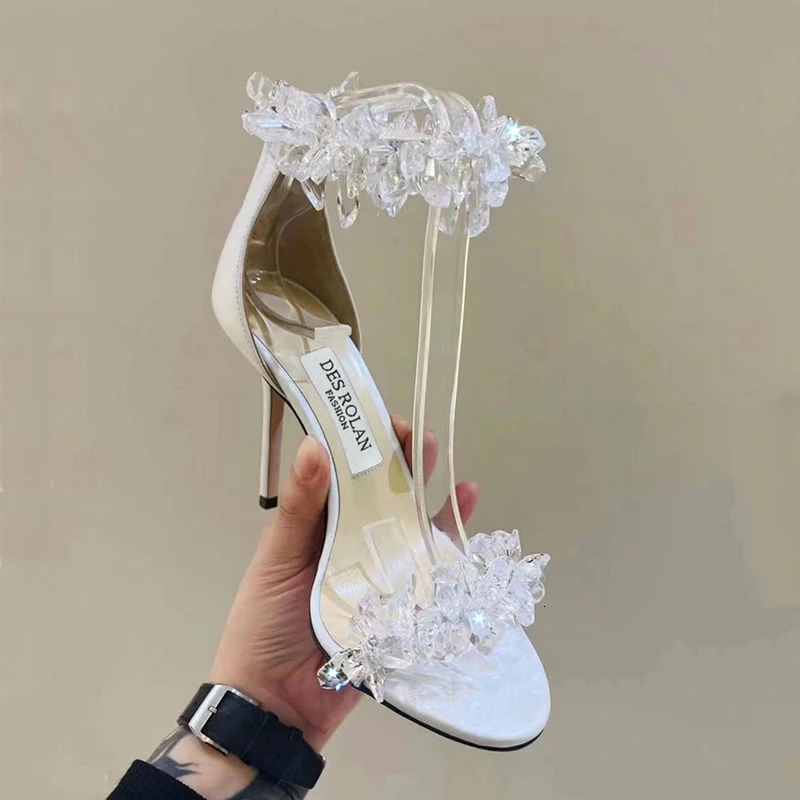 2025 Summer Ice Flower Crystal High Heels Womens Fairy Style Strap Thin Heels White Wedding Shoes Water Diamond Sandals 250328