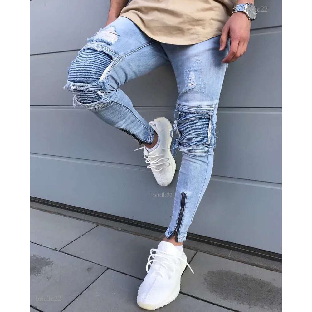 Man Jeans Masculino New Men's Feet Light Color Jean Homme De Marque Slim Hole Pleated Jens Men Motorcycle Pants Denim Jeans Men