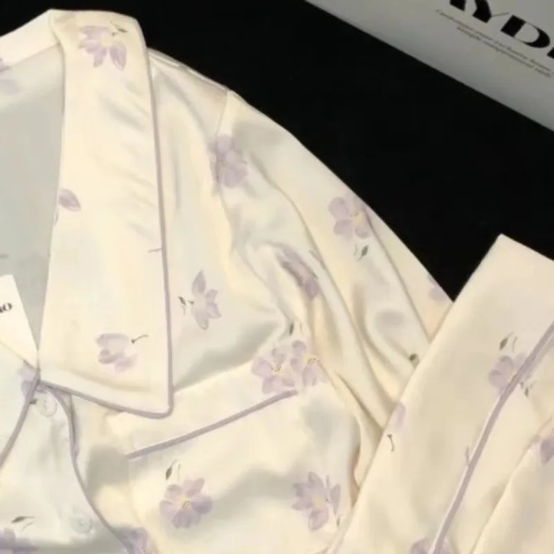 Ice Silk 2-piece Womens Pajamas Autumn Spring Womens Pajama Set Elegant Decorative Flower Home Wear Soft Pajamas 250326