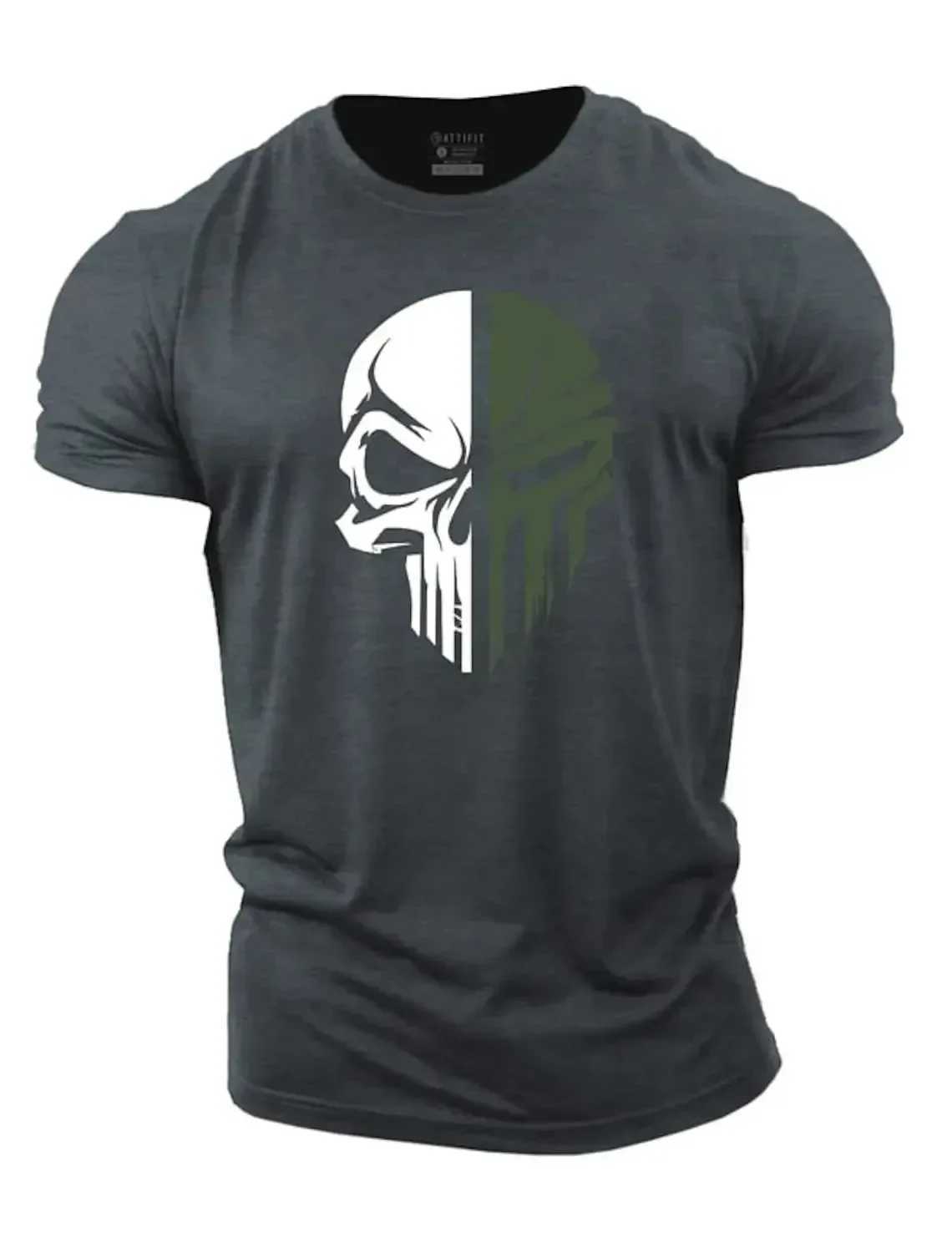 Cotton mens T-shirt printed military skull T-shirt oversized gym short sleeved sweatshirt mens clothing sports top W250329