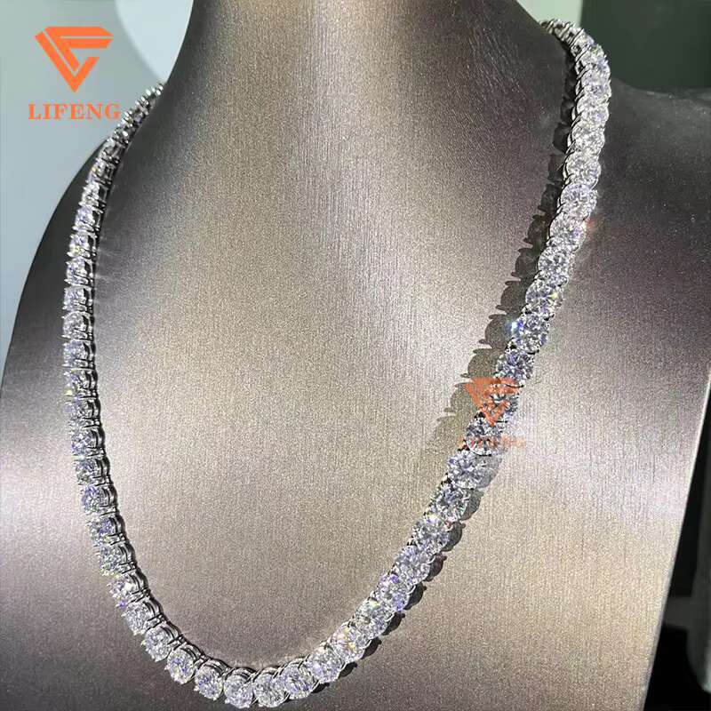 Lifeng Jewelry Ice Out Hiphop Tennis Chain Necklace 8mm VVS Moissanite Sterling Silver Diamond Bling White Gold Necklace