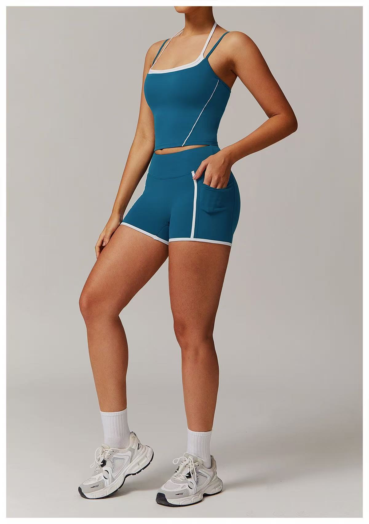 2025--Women Yoga Two-piece Set Short Running Tank Top+ Long Pant Shorts Solid Color Sports Bra With Fitness