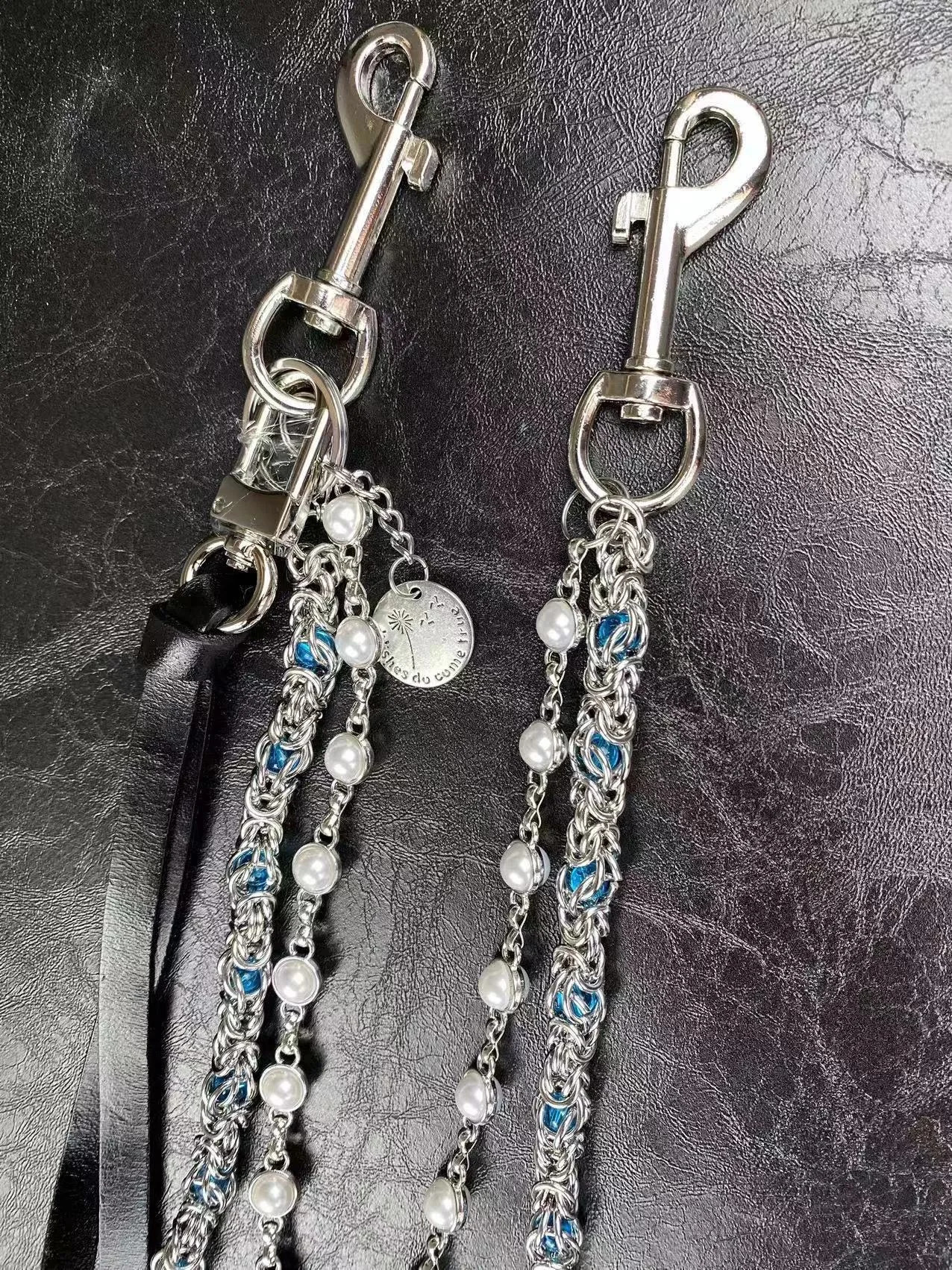 Hip hop punk style denim chain fashionable double-layer bead keychain accessory 250326