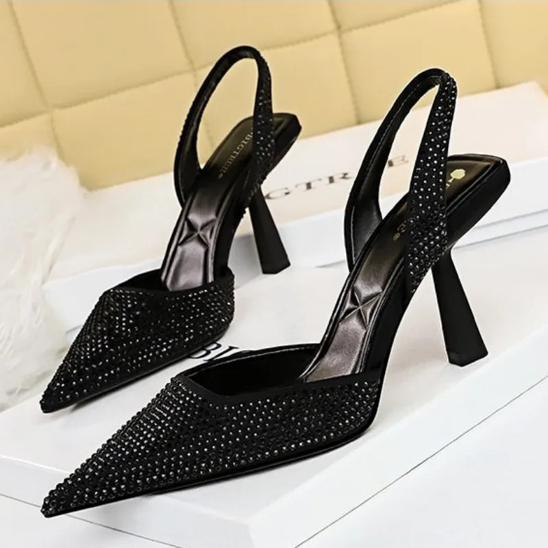 Gold Women Heels Sandals Summer Crystal Pointed Toe Female Stiletto African Party Rhinestone Shallow Slip on Heel Shoes 250328
