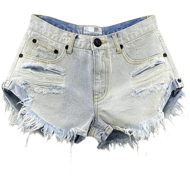 Sexy low rise denim shorts summer hole womens wide leg open top jeans 250328