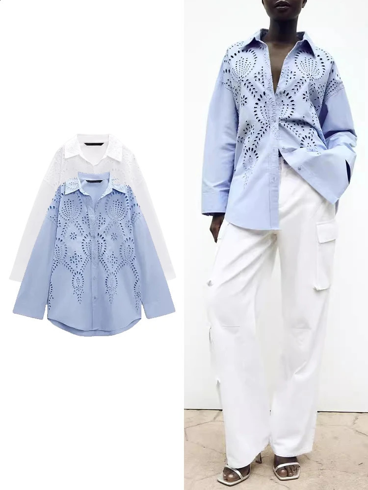 TRAF Womens Fashion Casual Shirt Top Embroidered Hollow Single Chest Collar Long Sleeve Curly Bottom Loose Top 250326