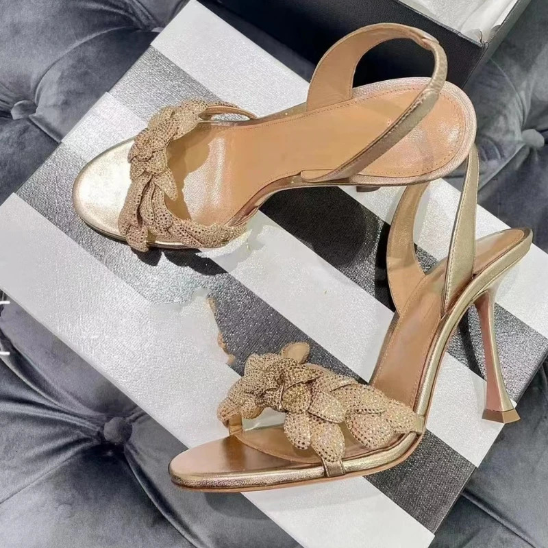 Summer High Heels Sexy Open Toe Gold Flower Thin Heel Hollow One Line with Water Diamond Flower Sandals 250328