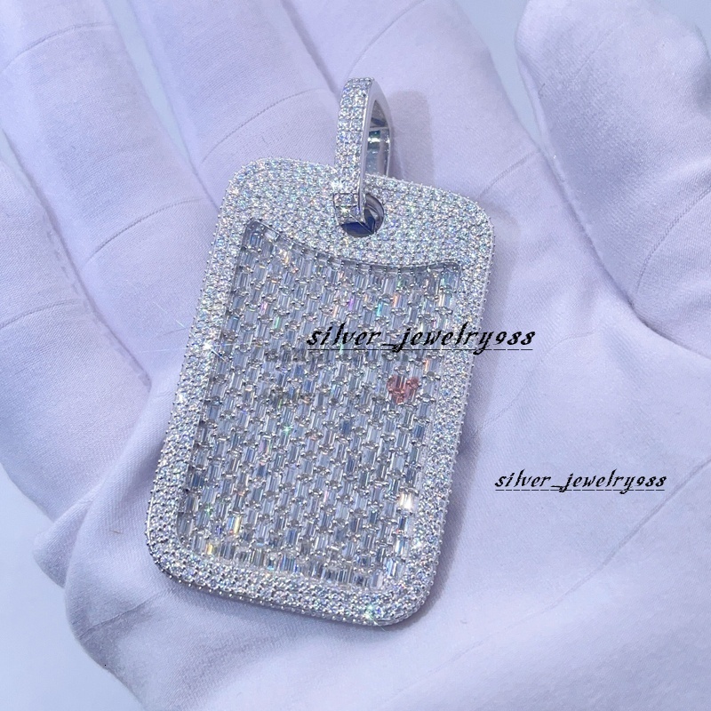 baguette Cut Vvs Moissanite Iced Out Men Hip Hop Silver Dog Tag Pendant
