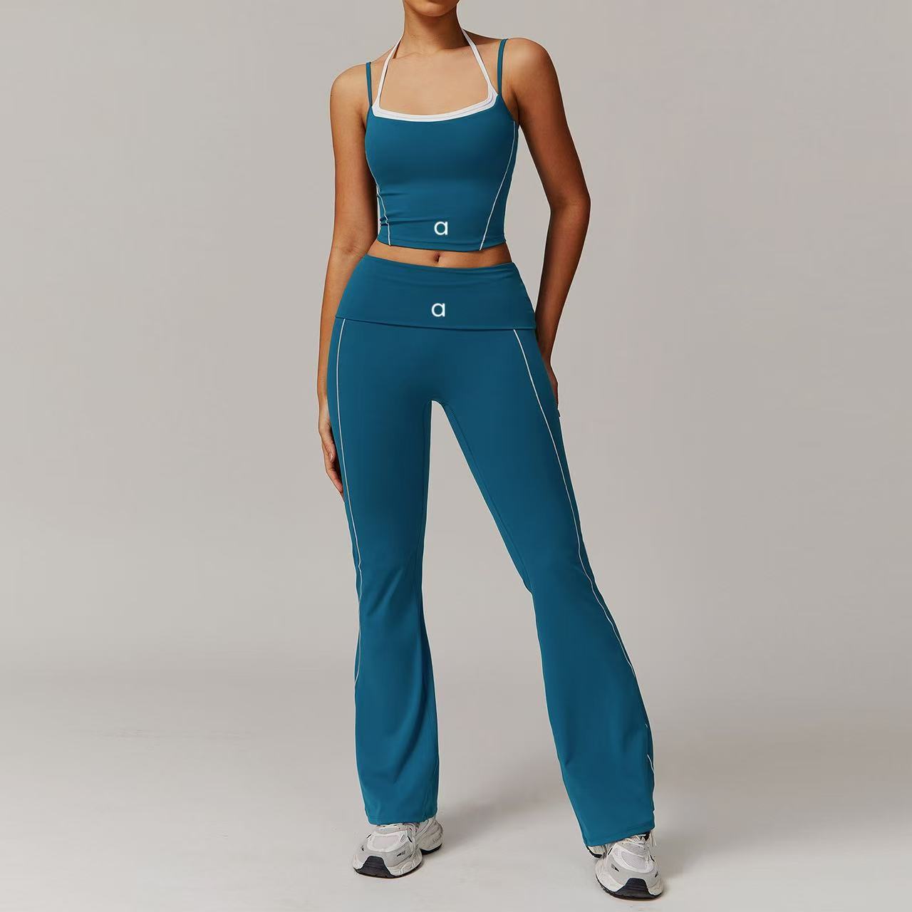 2025--Women Yoga Two-piece Set Short Running Tank Top+ Long Pant Shorts Solid Color Sports Bra With Fitness