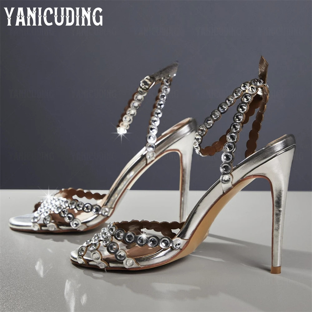 Crystal-Embellished Stiletto Sandals Rhinestone Ankle Strap High Heels Style Multicolor Pvc Leather Sandals 250328