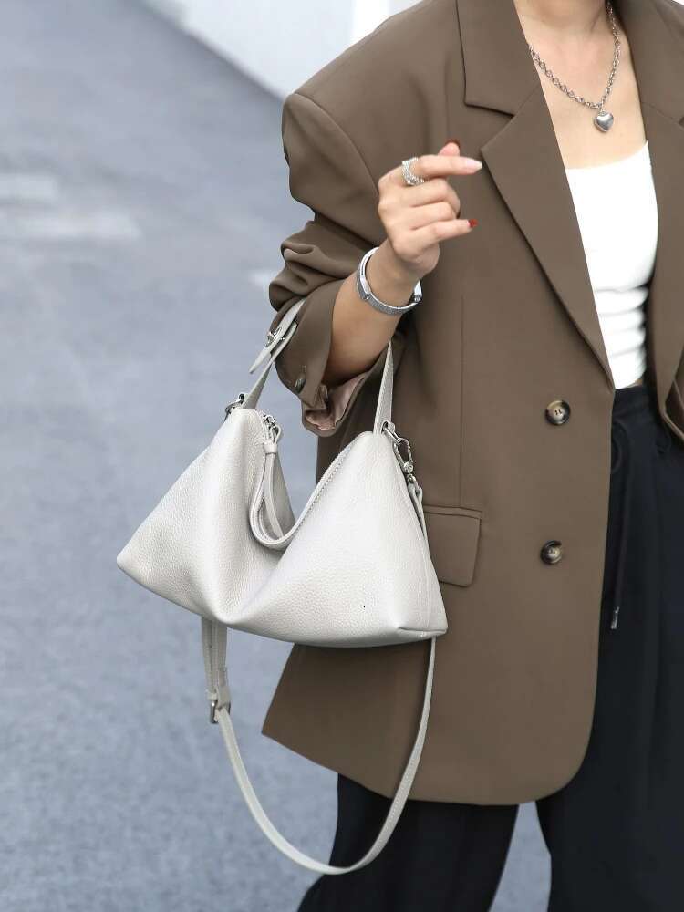 New Casual Large Capacity Soft Tote First Layer Cow Leather Women's Shoulder Bag Green Cowskin Half Moon Armpit Handbag